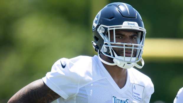 Tennessee Titans tight end tryout player Hasahn French (40) waits for the next drill during a Mini-Camp practice at Saint Thomas Sports Park Tuesday, June 15, 2021 in Nashville, Tenn.